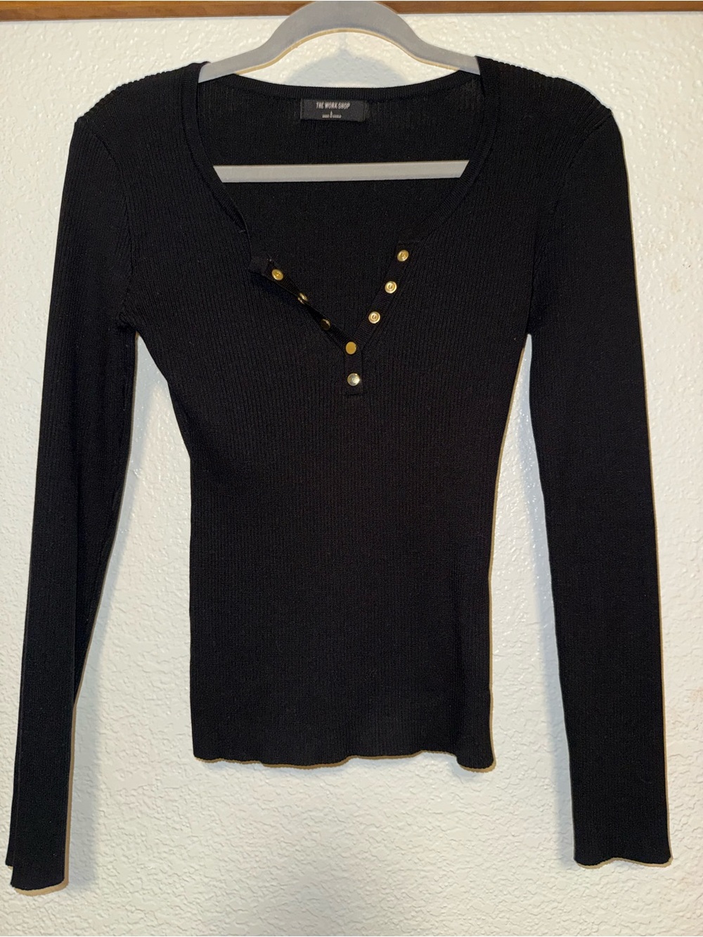 The Workshop Black Long-Sleeve Ribbed Henley Top with Gold Buttons